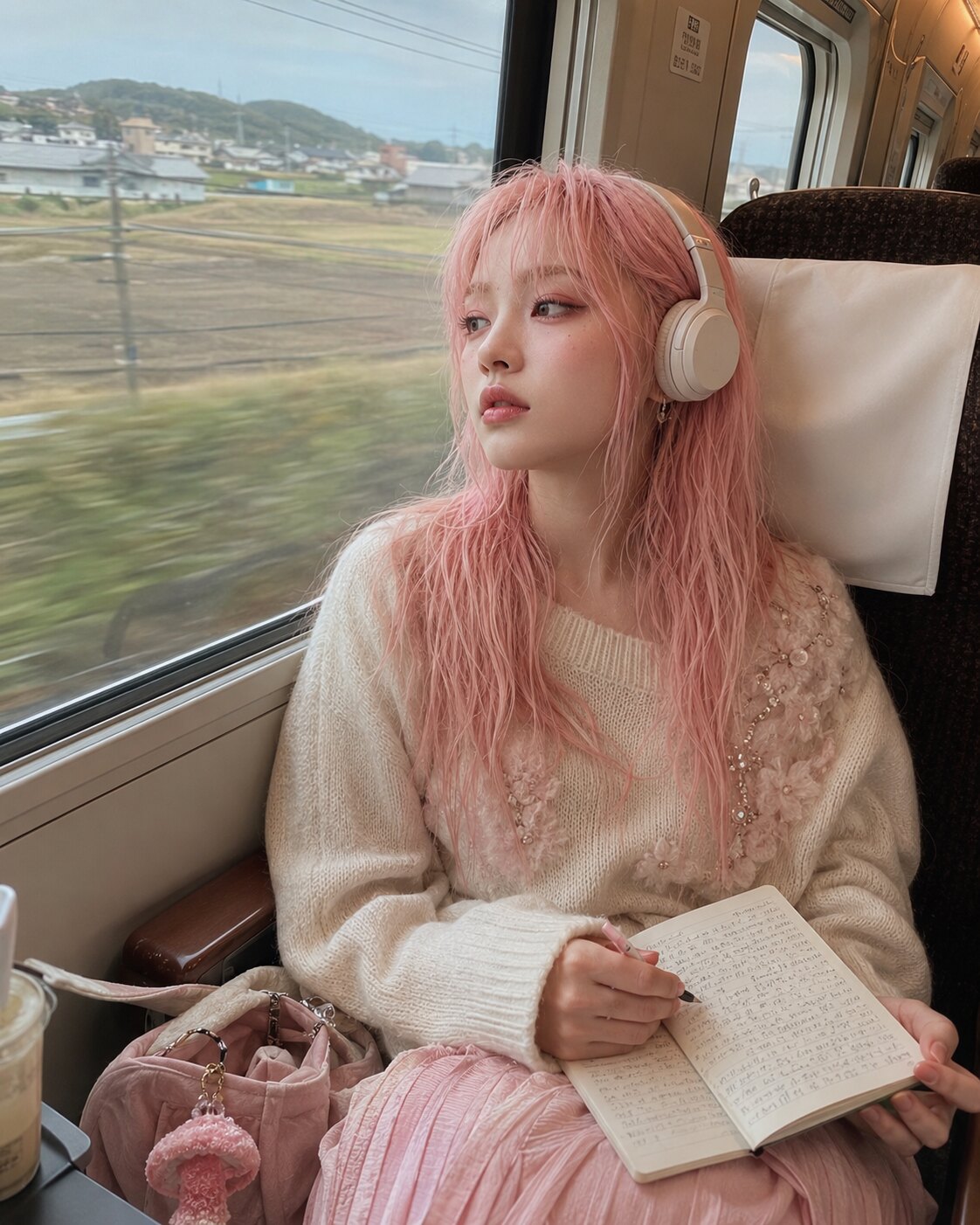 Lula Spore on a train wearing headphones and holding a notebook