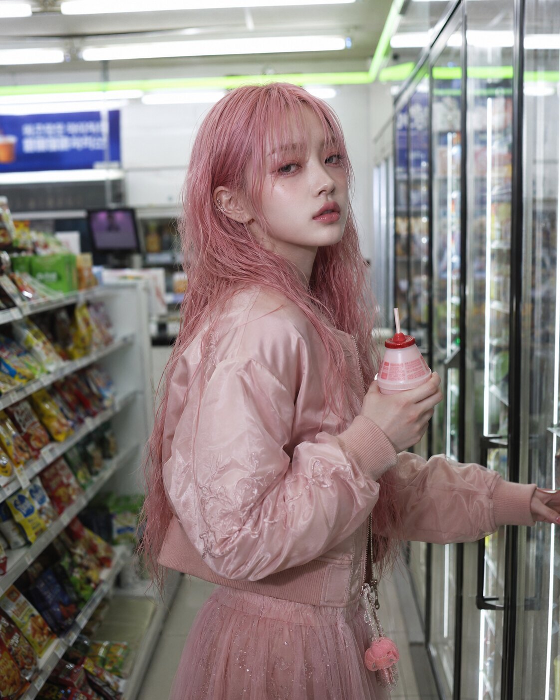 Lula Spore in a convenience store aisle holding a small drink