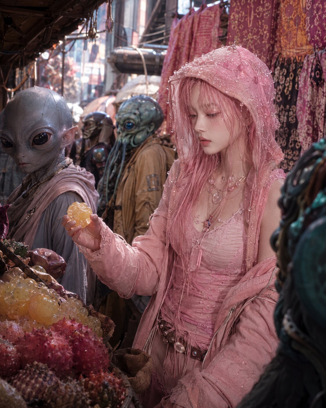 Lula Spore among alien market vendors holding glowing fruit
