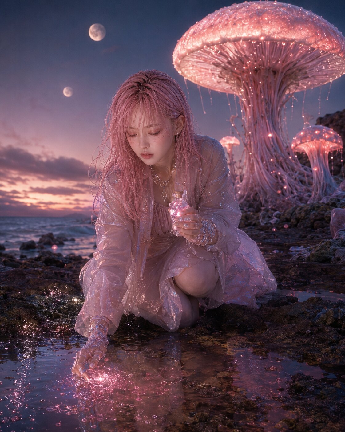 Lula Spore crouching near a giant glowing pink mushroom under two moons