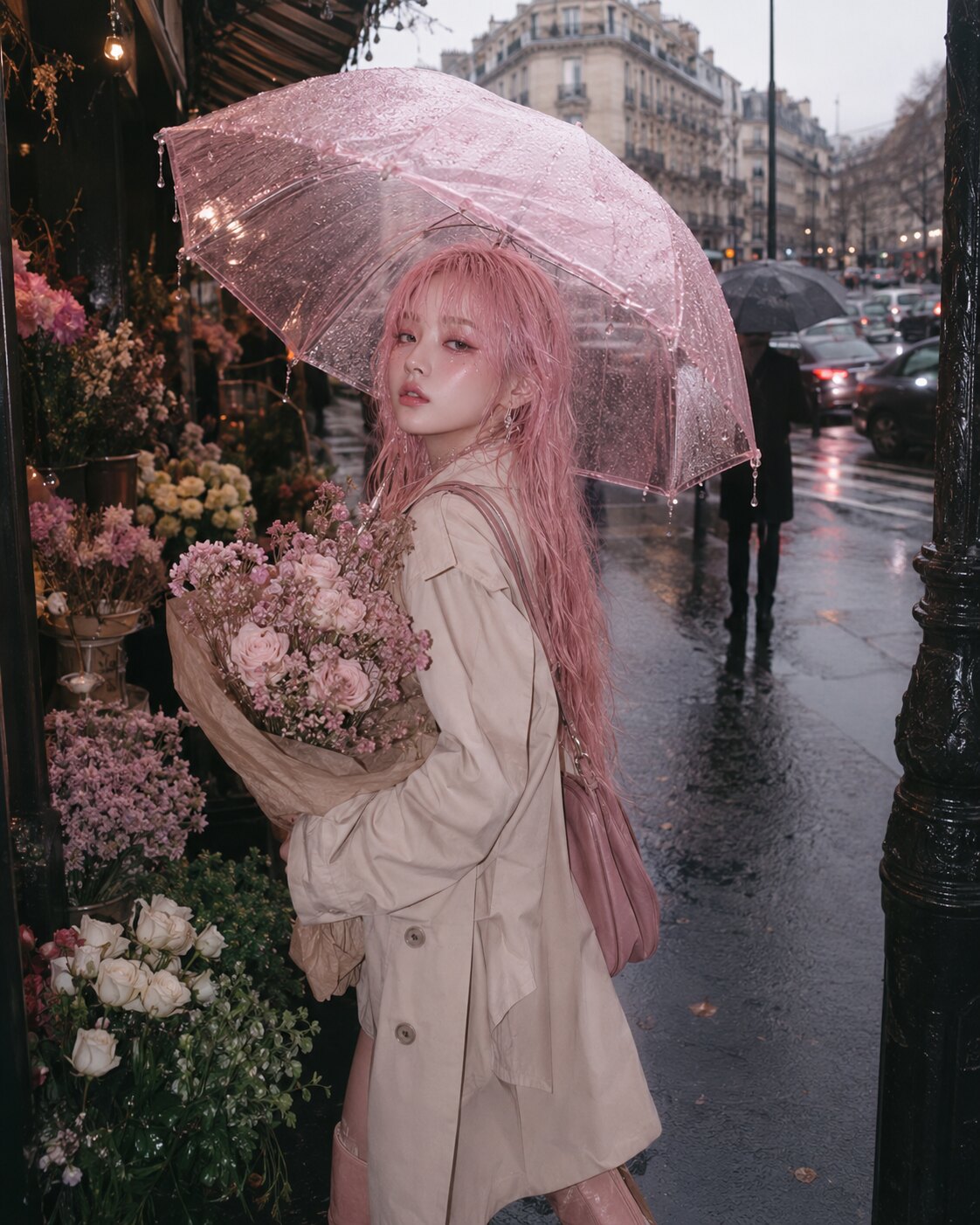 Lula Spore holding pink flowers under an umbrella on a rainy city street
