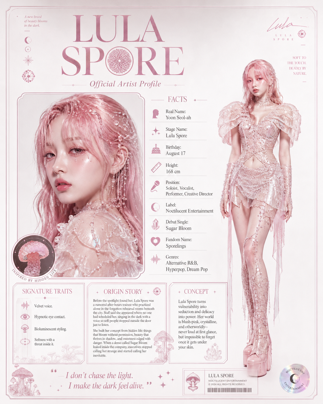 Lula Spore official artist profile in pearl pink styling