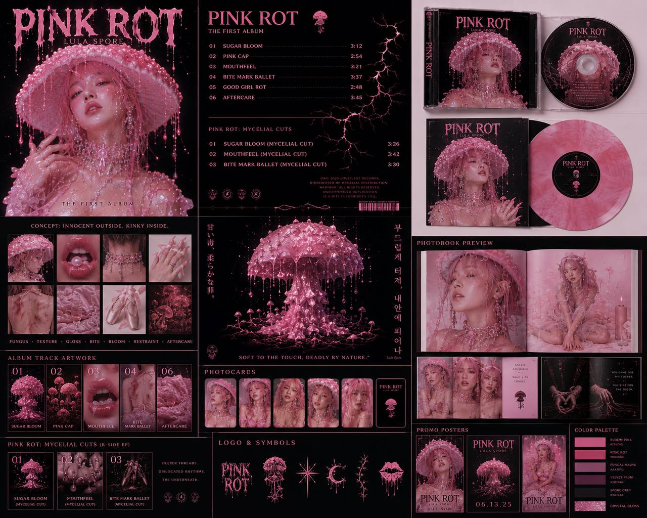 Pink Rot album visual system with cover, tracklist, vinyl, photobook, symbols and palette